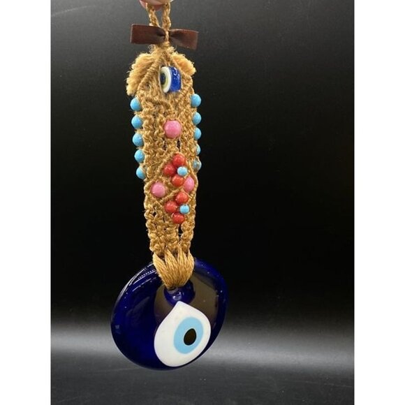 Large Art Glass Evil Eye With Crochet Macrame Hanger & Glass Beads - Picture 1 of 6